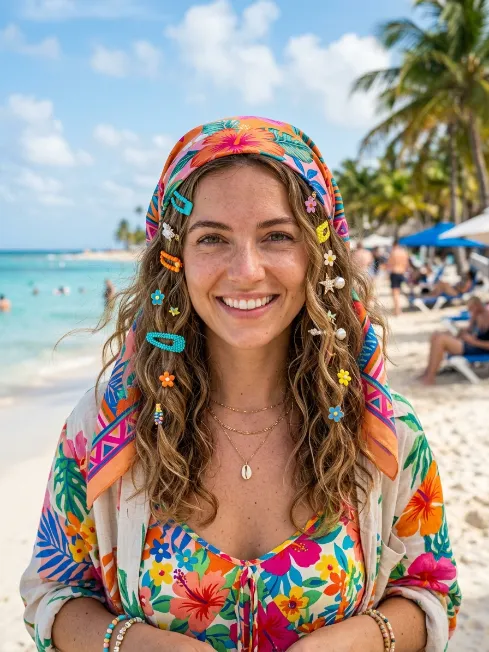 23. Colorful Hair Accessories with Loose Waves