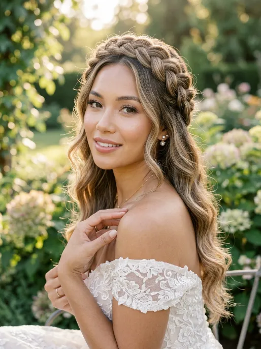 9. Crown Braid with Loose Waves