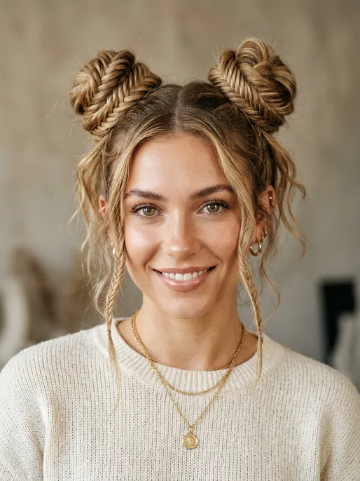 14. Fishtail Braid Space Buns
