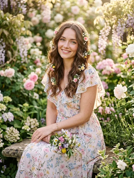 23. Floral Hair Clips with Loose Waves