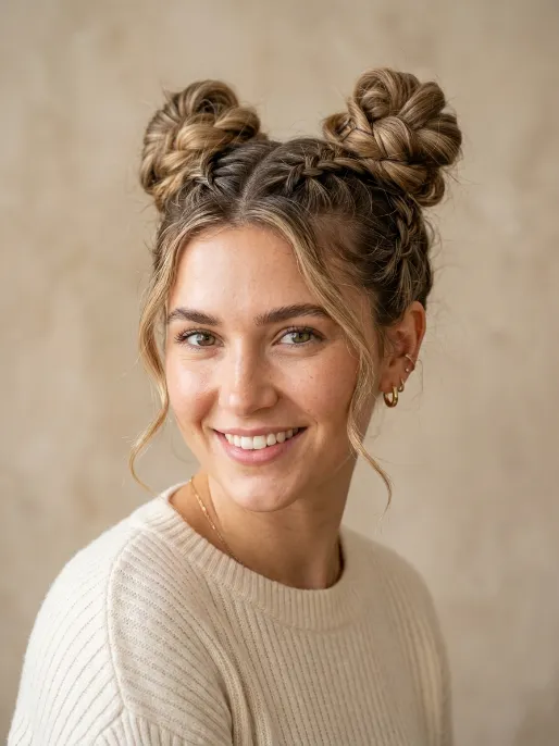16. French Braid Space Buns