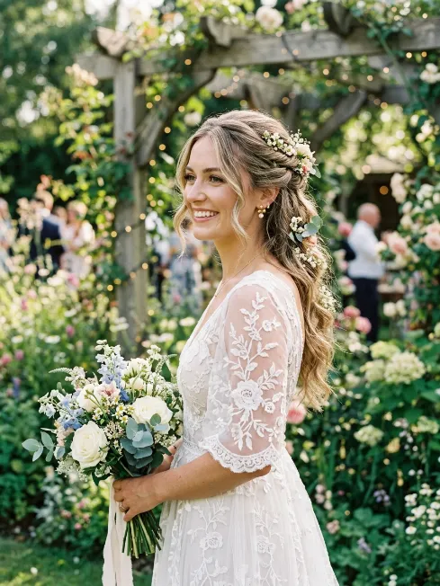 7. Half Up Style with Flower Accents