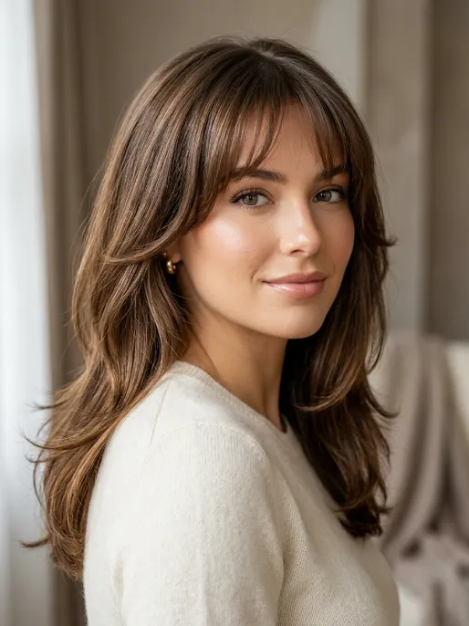 24. Layered Hair with Bangs
