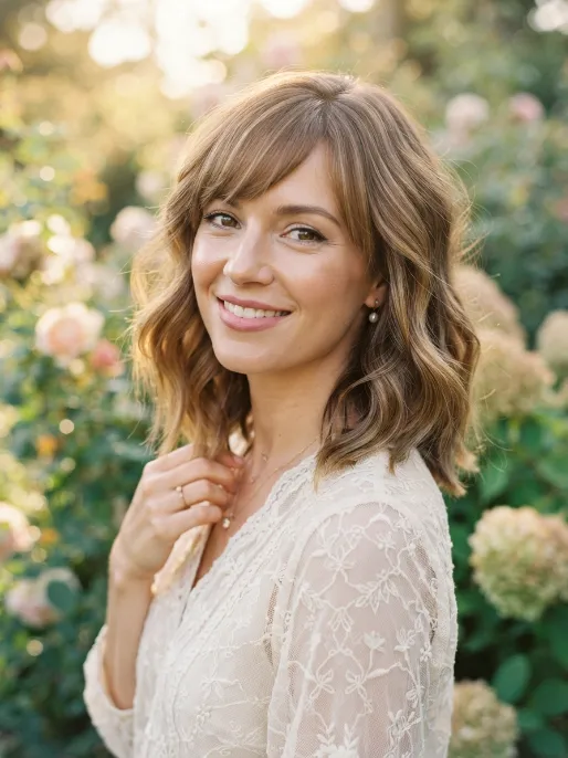 22. Lob with Loose Waves and Side Swept Bangs