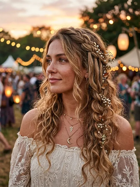 24. Loose Waterfall Braid with Curls