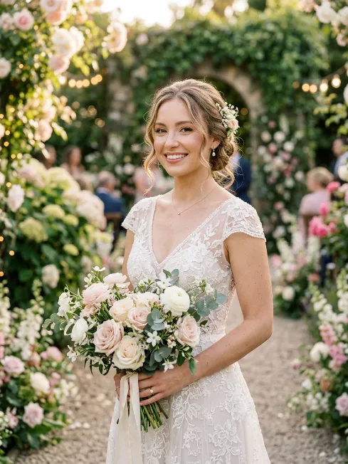 3. Low Romantic Bun with Face Framing Pieces