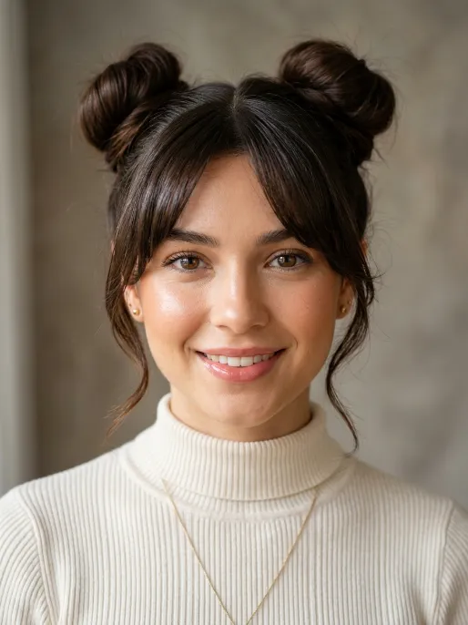 8. Space Buns with Bangs