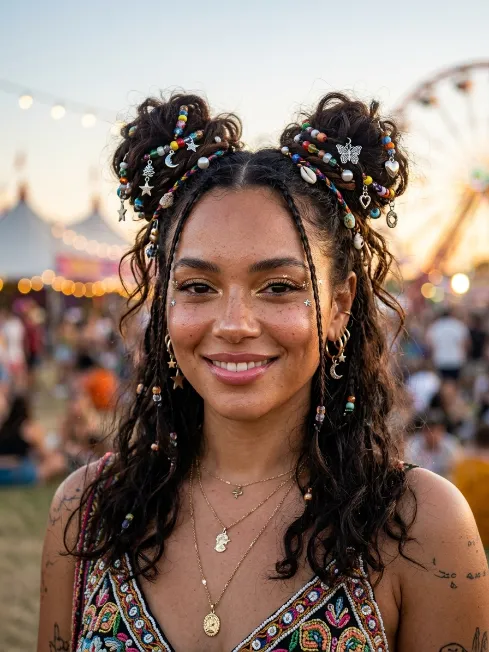 19. Space Buns with Beads or Charms