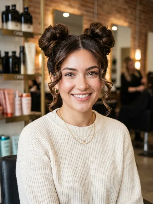 15. Space Buns with Face Framing Curls