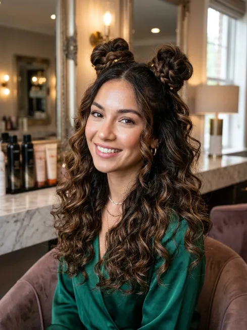 24. Space Buns with Loose Curls Underneath