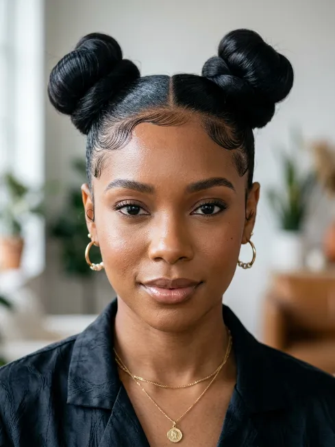 21. Space Buns with Slicked Baby Hairs