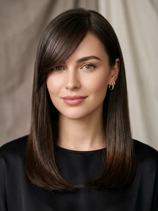 13. Straight Hair with Side Swept Bangs