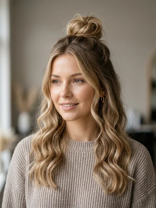 9. Wavy Half Up Bun